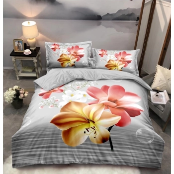 Pościel 200x220 z prześcieradłem Bawełna satynowa Czarna z czerwony pomarańczowym kwiatem PK398